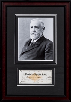 1877 Benjamin Harrison Signed Check in Framed Photograph Display (PSA/DNA)